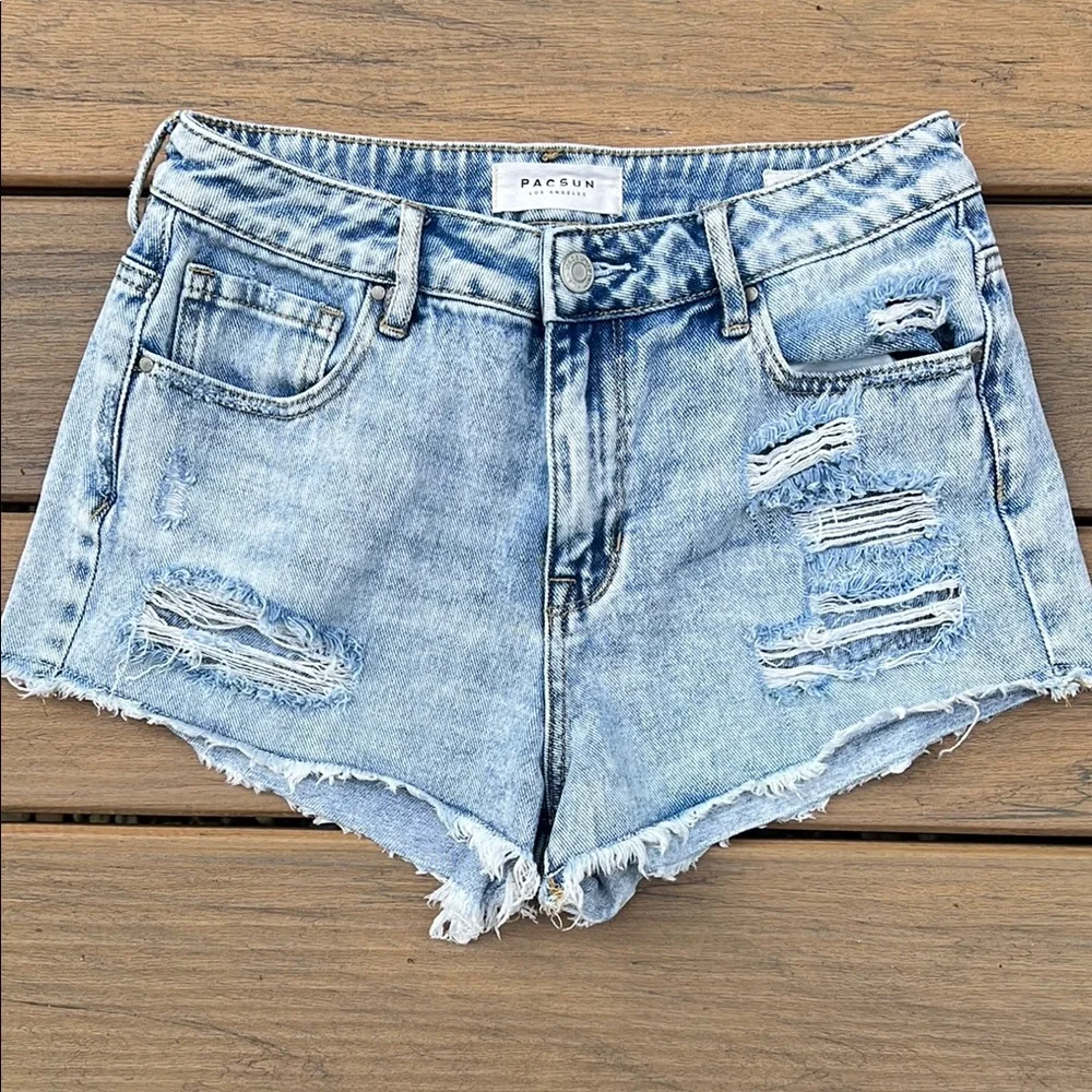 PacSun Blue High-Waisted Jean Shorts Festival Distressed Raw Frayed Hem